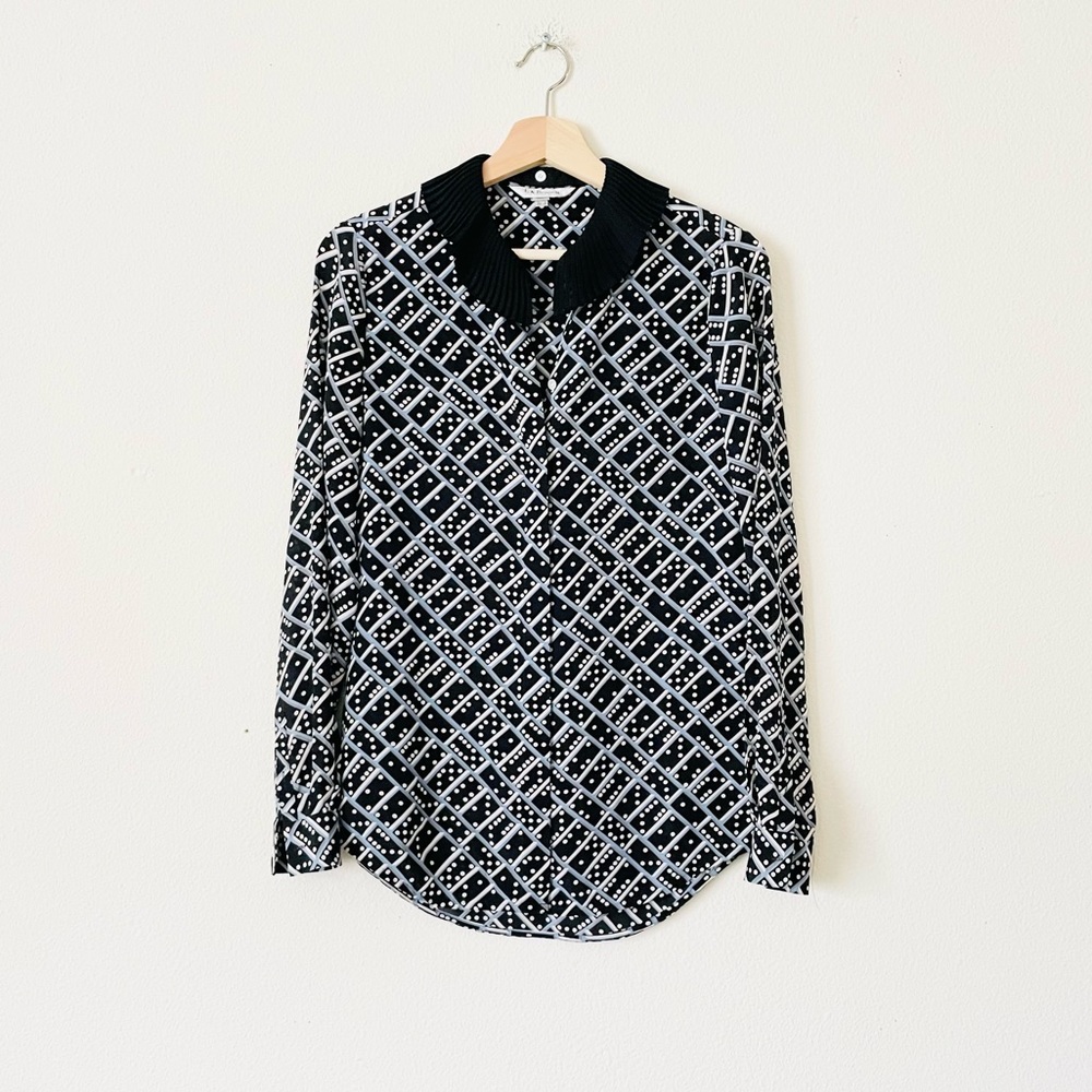 LK Bennett London SIZE 2 100% silk domino print long sleeve blouse